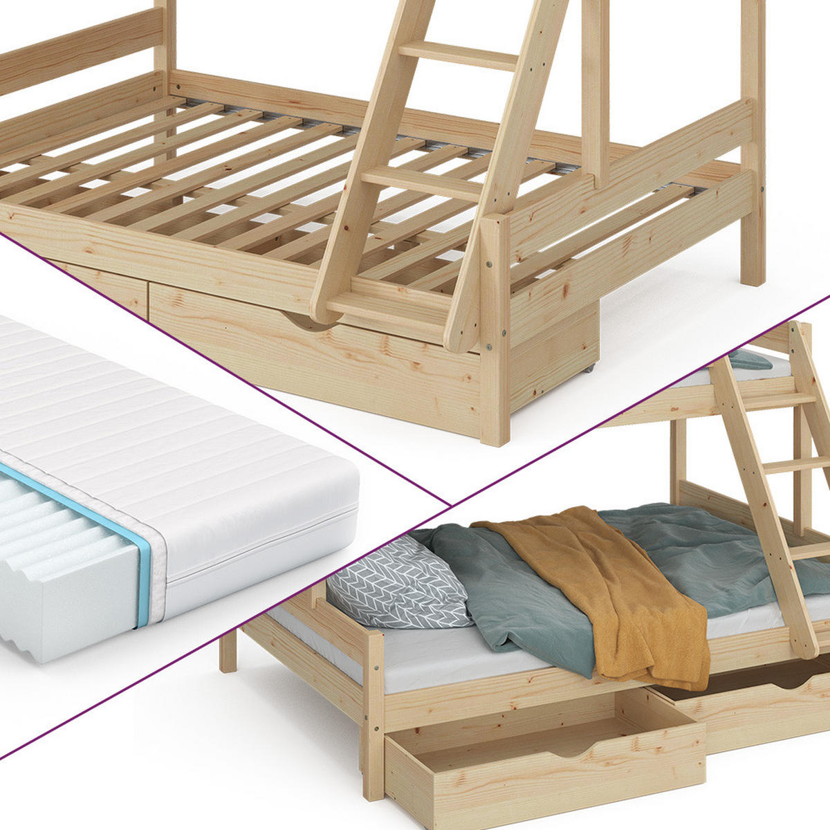 ETAGENBETT Everest Naturholz 140x200/90x200 cm mit 2 Matratzen und 2 Schubkästen - Eichefarben, Holz (140/200cm) - VitaliSpa