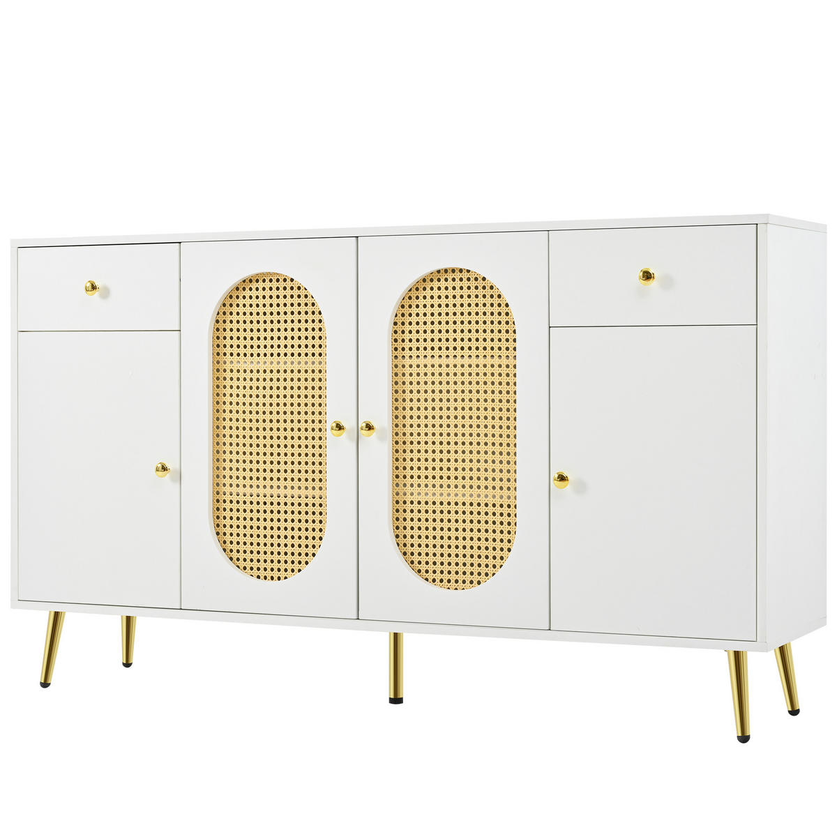 SIDEBOARD weiß rattan 140cm 4 türen 2 schubladen - Weiß, Holzwerkstoff (140/82/35cm) - Urban Meuble