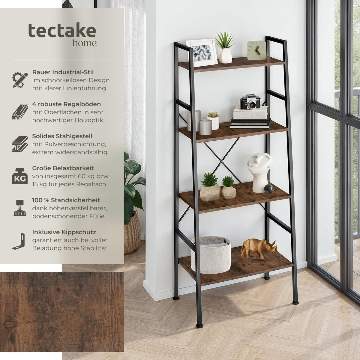 LEITERREGAL Liverpool,inklusive Kippschutz, 61,5 x 36,5 x 150 cm,Industrial Holz dunkel, rustikal - Rostfarben, Holz (36.5/150/61.5cm) - tectake