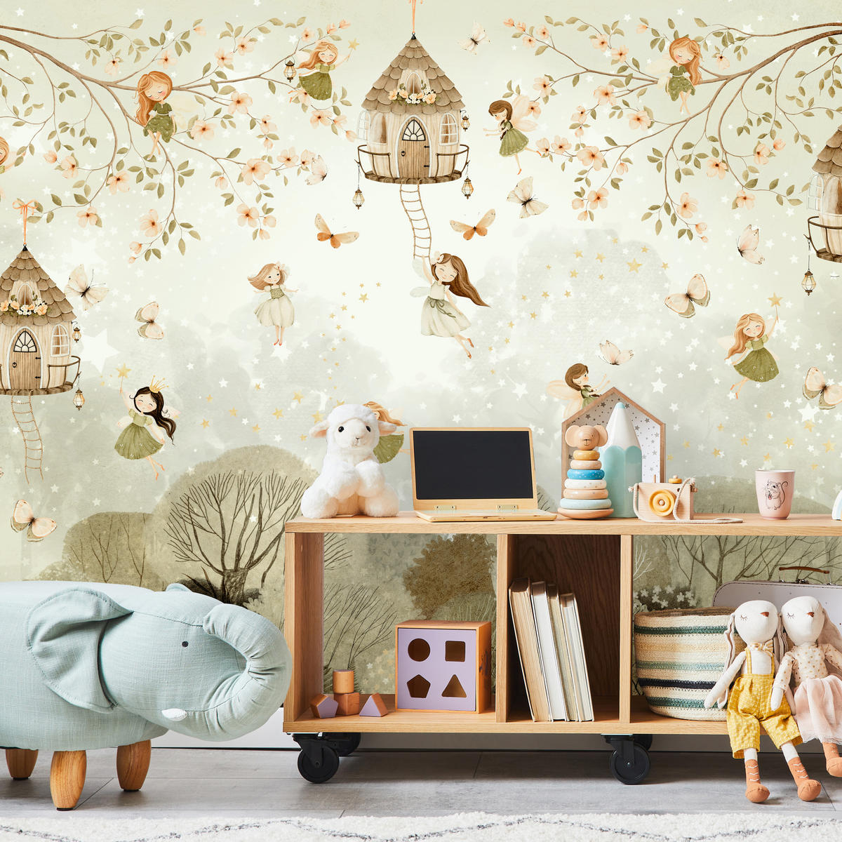 FOTOTAPETE für Kinderzimmer Waldfeen Blumen Sterne Schmetterlinge Baum 400x280 - Beige/Orange, Papier (400/280cm) - Muralo