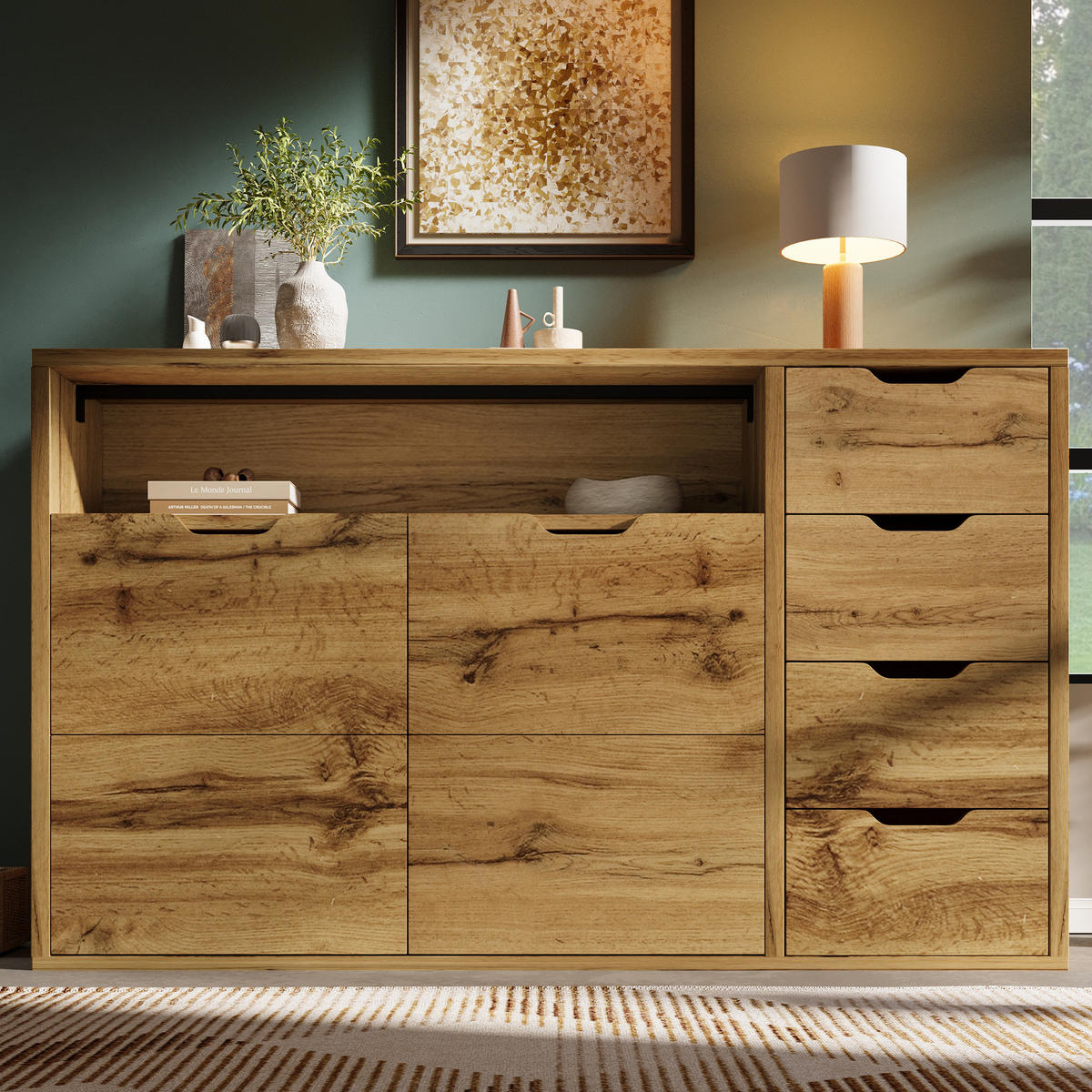 KOMMODE aus MDF und Metall 150x40x90 cm Eiche mit 4 Schubladen und verstellbaren Einlegeböden - Eichefarben, Holzwerkstoff (150/90/40cm) - IVMEU
