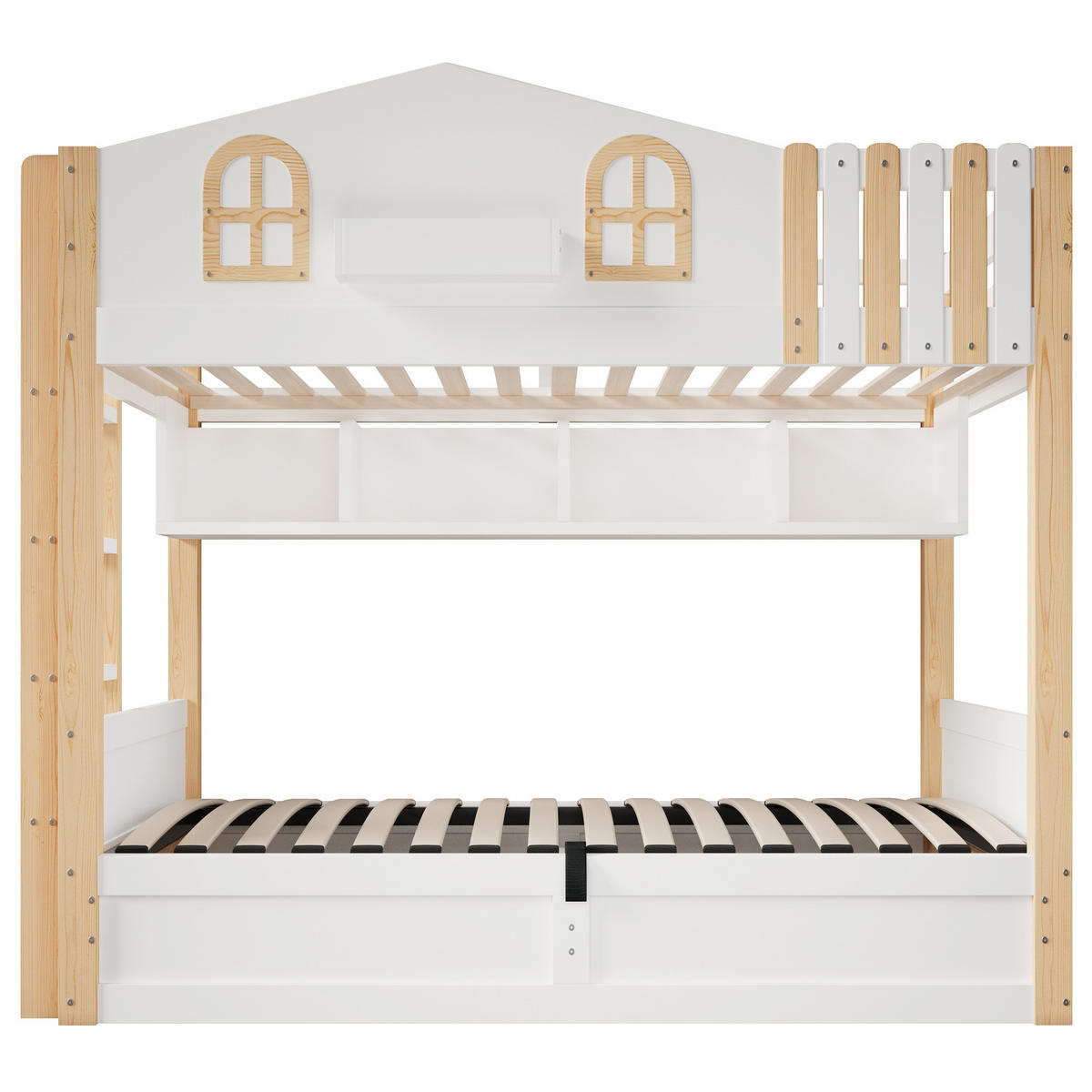 ETAGENBETT 90/200 cm Hausdesign mit Hydraulik-Stauraum und LED, DE-41987, in Weiß - Weiß, Holzwerkstoff (90/200cm) - ComfortXL