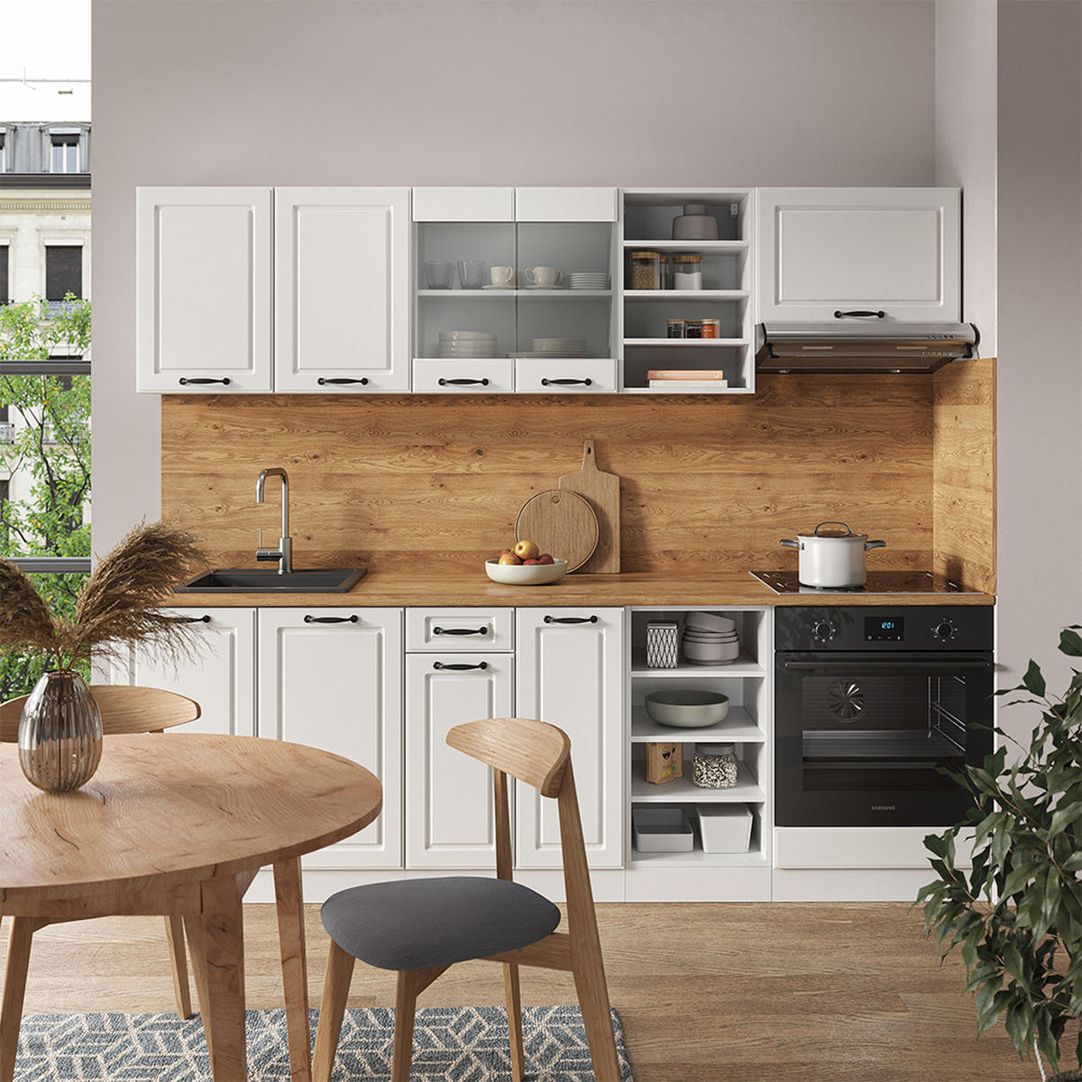KÜCHENZEILE R-Line Weiß Landhaus/Weiß 240 cm ohne AP - Creme/Weiß, Holzwerkstoff (240/81.6/46cm) - Vicco