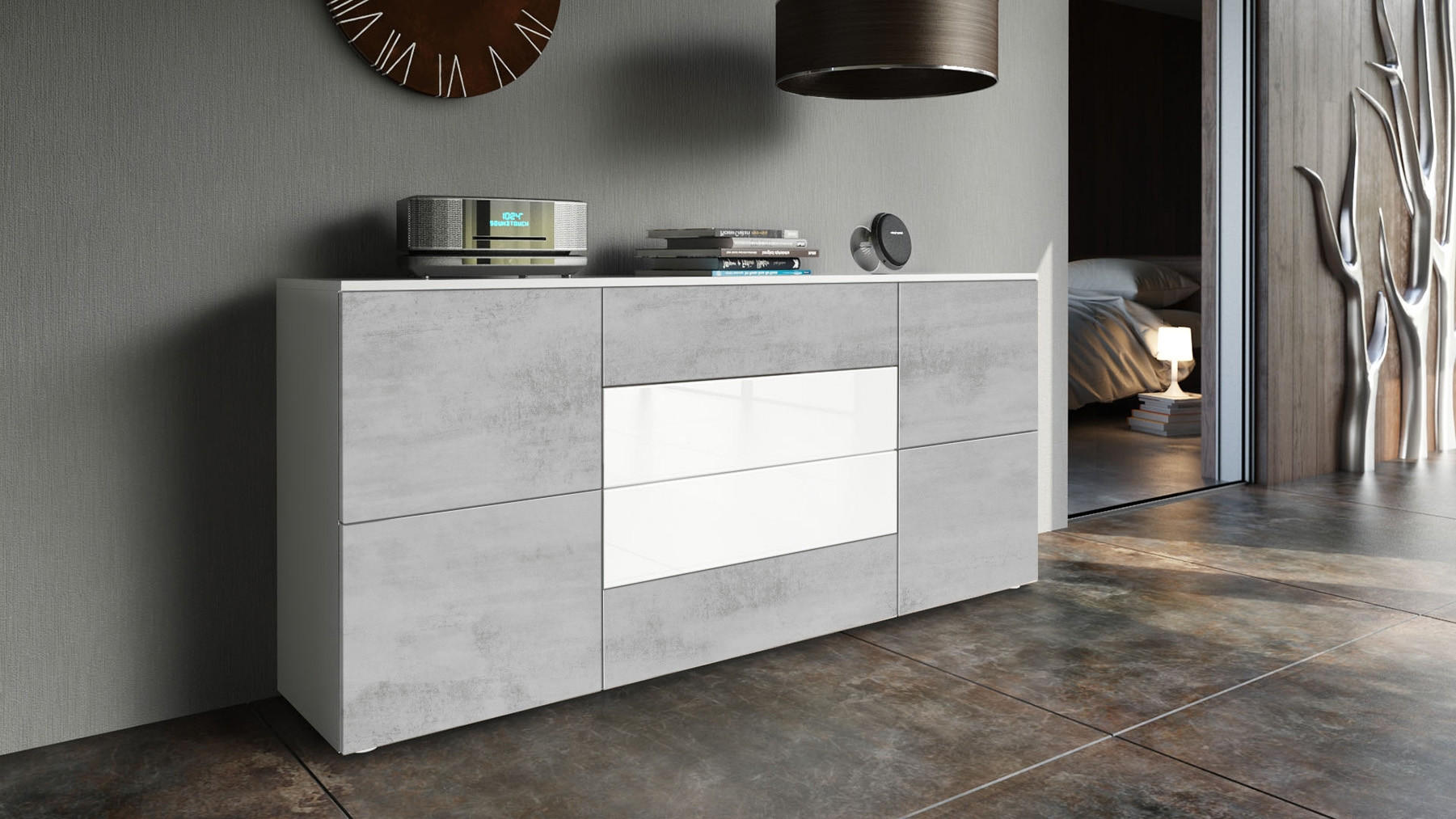 SIDEBOARD Rova Beton Oxid Optik / Weiß Hochglanz - Hellgrau, Holzwerkstoff (166/72/35cm) - Vladon