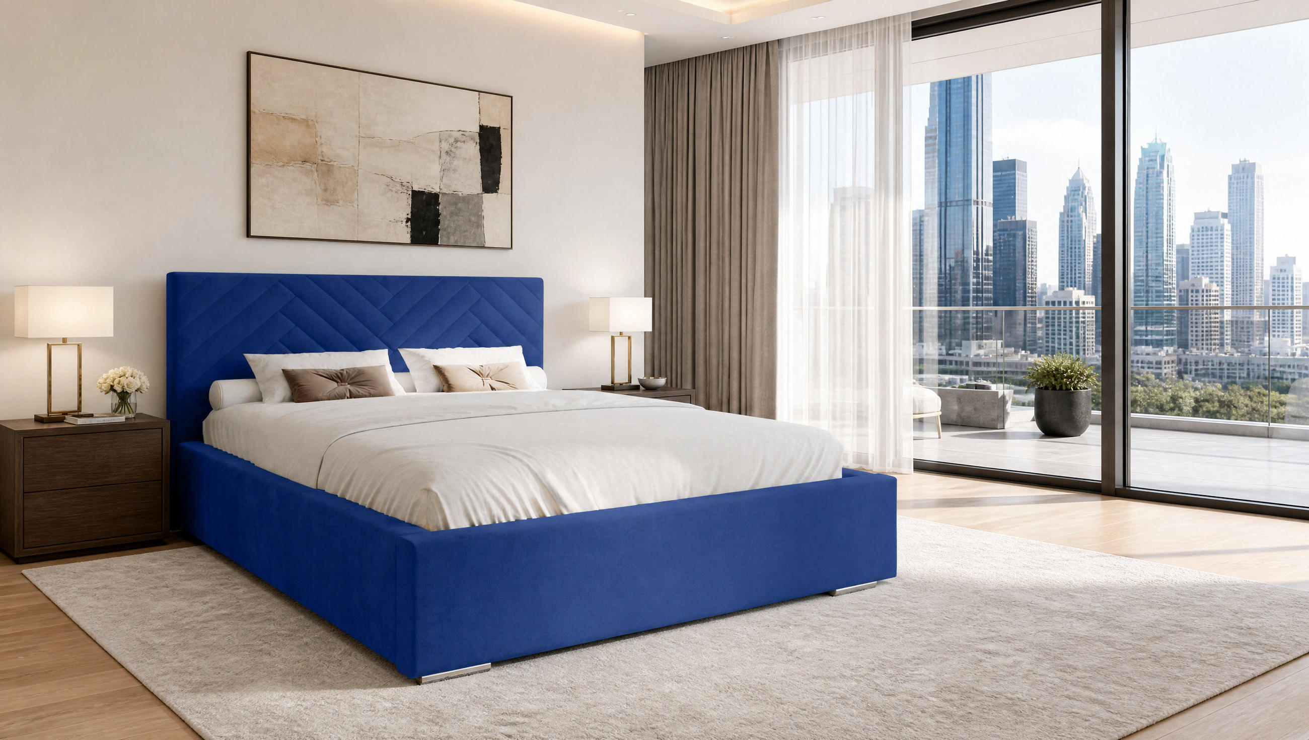 MARPUR Polsterbett AURA 180x200 cm mit Bettkasten und Lattenrost, Veloursstoff Dunkelblau - Chromfarben/Dunkelblau, Holz/Holzwerkstoff (180/200cm) - Marpur
