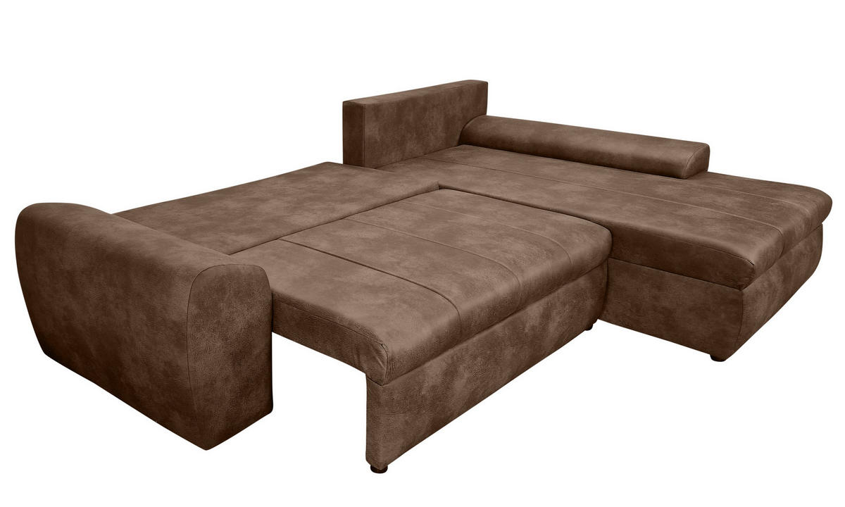 ECKSOFA mit Schlaffunktion, Bettkasten, Wellenunterfederung, Ottomane rechts B266/T186/H90 cm, Mikrofaser Leder-Optik Vintage Braun / 18011 - Schwarz/Braun, Kunststoff/Textil (266/186cm) - luma-home