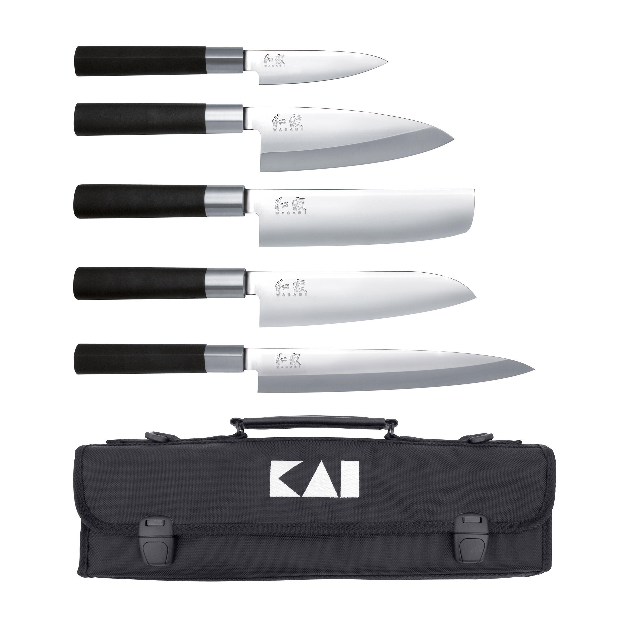 MESSERTASCHE Wasabi Black mit 5 Messer - Silberfarben, Metall - Kai Messer