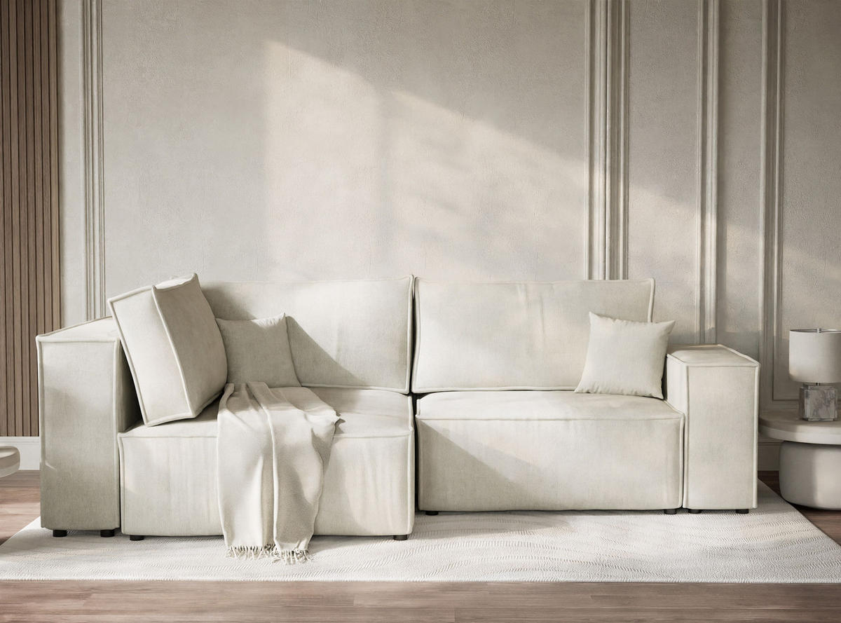 ECKSOFA MIT SCHLAFFUNKTION Tonga Creme Webstoff - Creme/Schwarz, Holz/Holzwerkstoff (105/225cm) - Maison de Reve