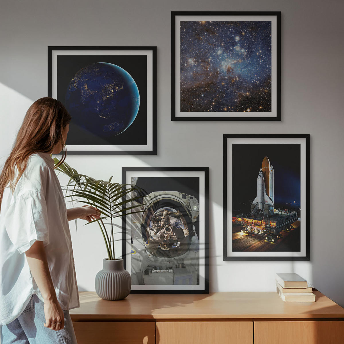 WANDBILDER 4er-Set - 50x50 cm & 40x60 cm Schwarzer Rahmen - Weltraum Erde Astronaut Rakete - Schwarz, Kunststoff (50/50cm) - ArtPrintCave