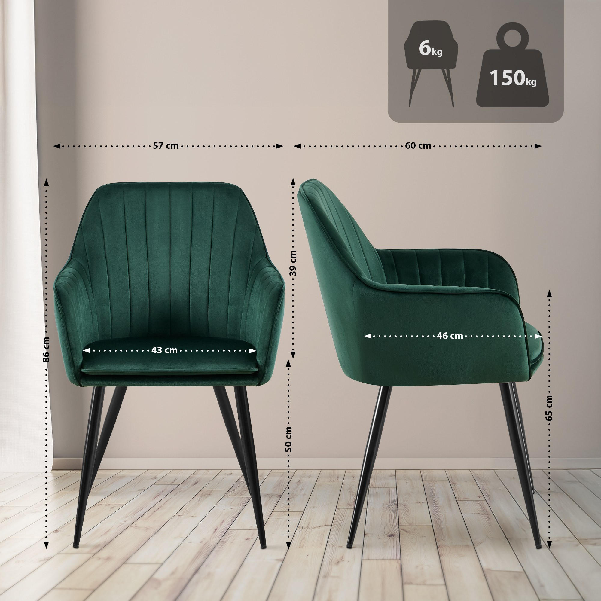 ARMLEHNENSTUHL Samt Grün - Schwarz/Grün, Textil/Metall (60/57/86cm) - CLP