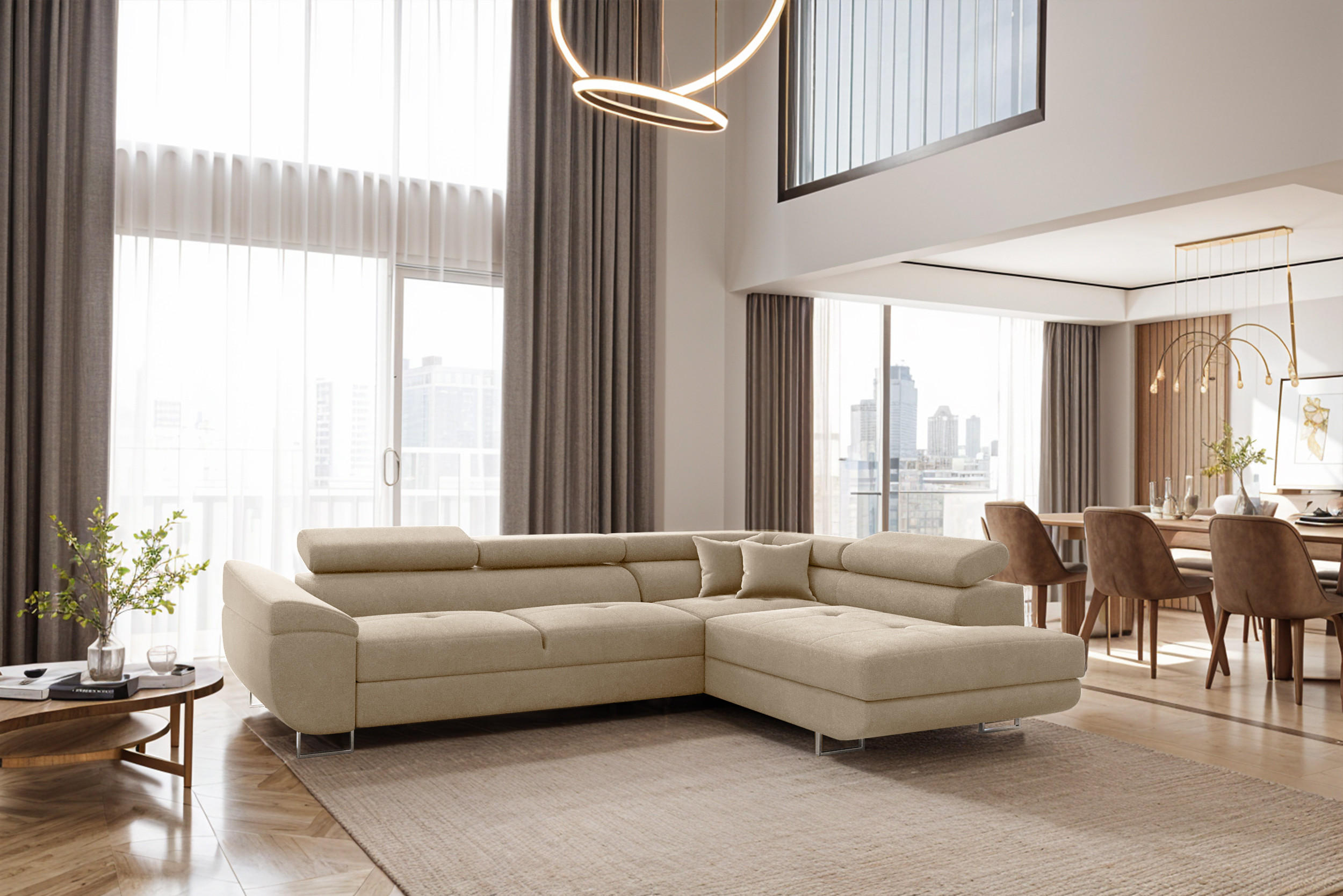 ECKSOFA FALIO L-Form Mit Schlaffunktion Im Modernen Stil Für Das Wohn Und Schlafzimmer Hellbeige Rechts - Creme, Holz/Textil (275/202cm) - Kaiser Möbel