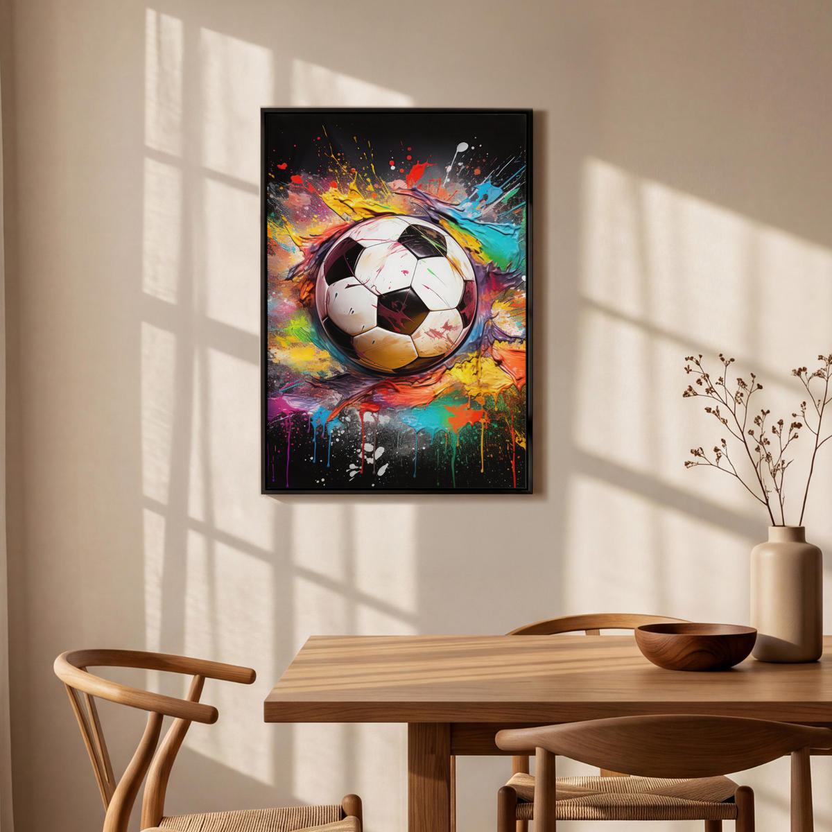 LEINWAND Bilder mit Rahmen - Fußball - Farbe - Farben - Schwarz - Weiß - 60x90 - Weiß, Textil (60/90cm) - MuchoWow