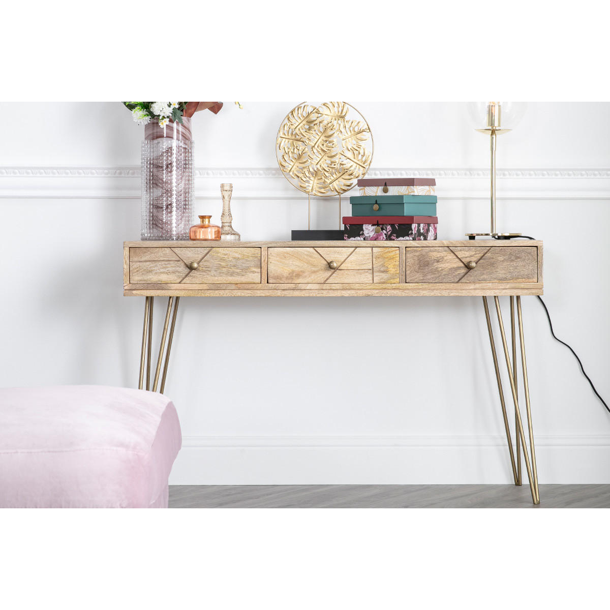 KONSOLE Graviert Mangoholz Vergoldetes Metall L120 LINIUM - Naturfarben, Holz (120/38/76cm) - Miliboo