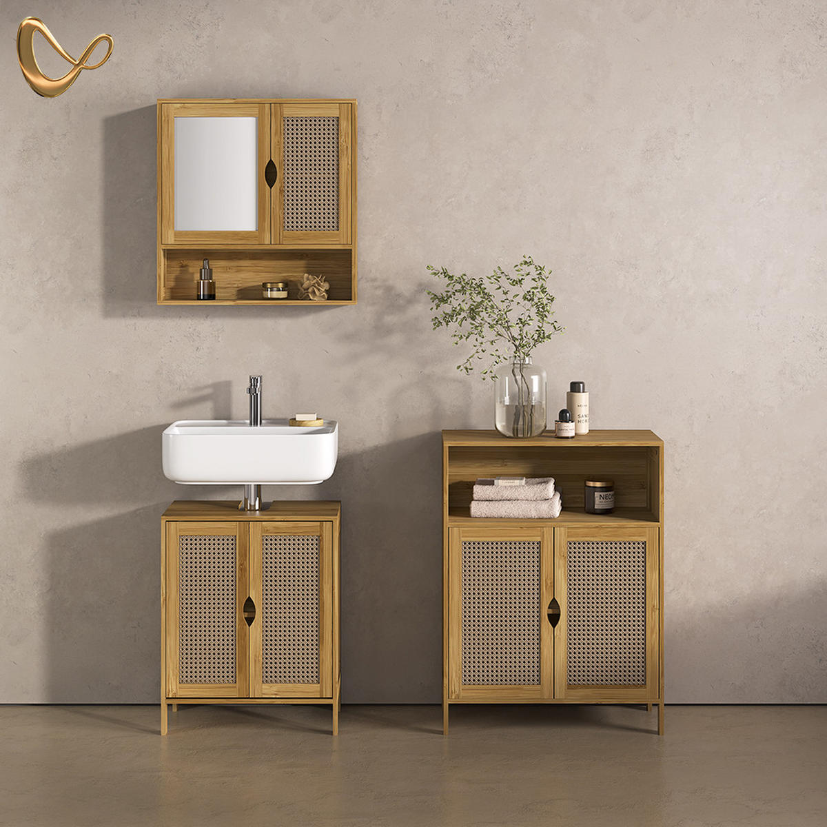BADMÖBEL-SET Mincio, Bambus, 3dílná - přírodní, kompozitní dřevo (50/60/29cm) - Livinity®