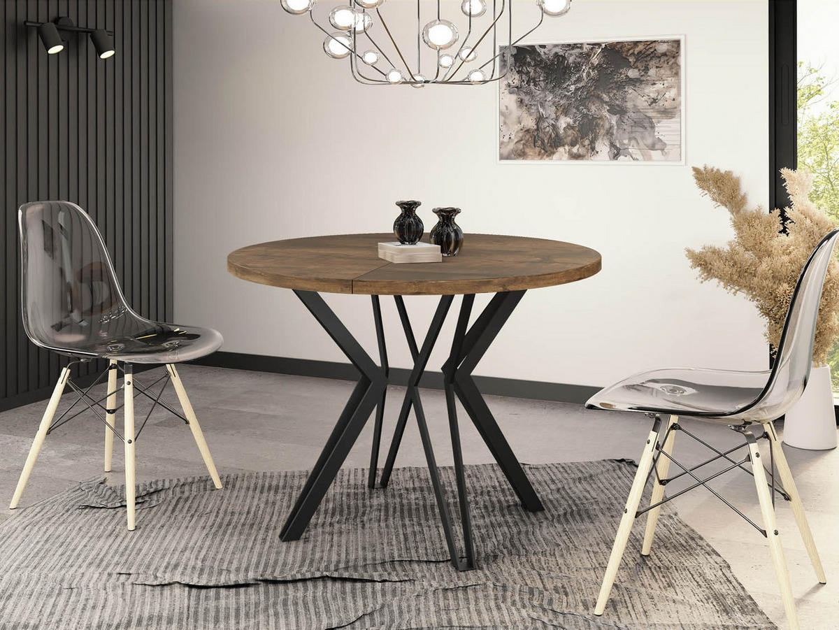 ESSTISCH Revena runder ausziehbarer, Lefkas Eiche 120-200/120/76 cm - Alteiche/Schwarz, Holzwerkstoff/Metall (120/120/76cm) - WFL GROUP