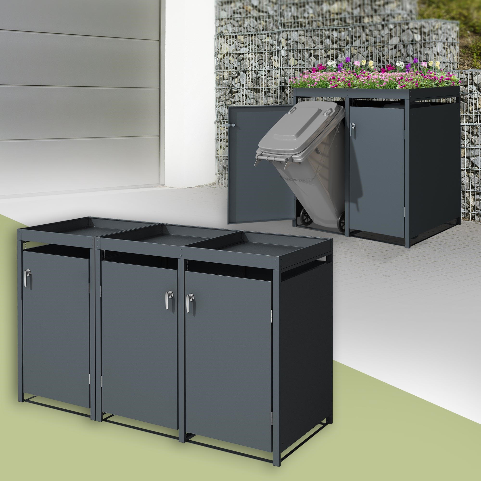 MÜLLTONNENBOX 3er mit Pflanzdach Anthrazit - Anthrazit, Metall (80/124/200cm) - ML-DESIGN