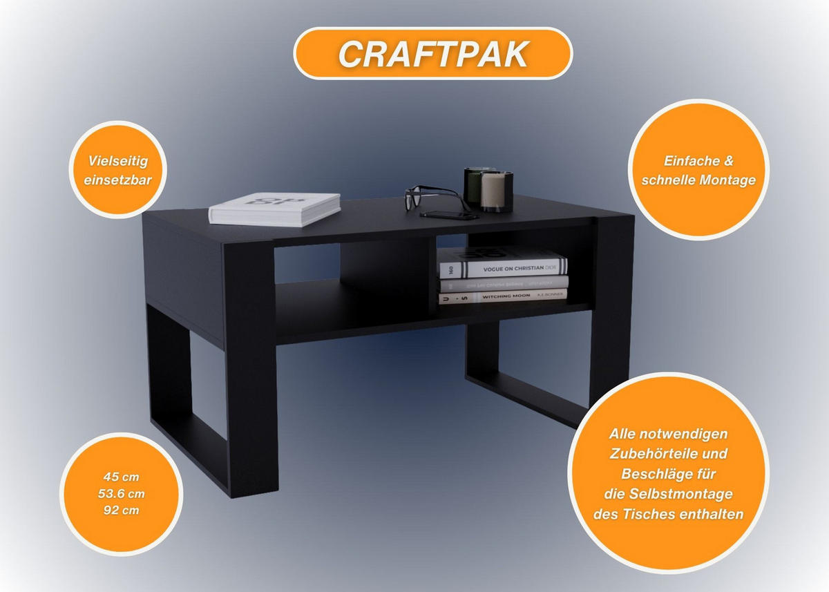 COUCHTISCH Holzwerkstoff rechteckig stabil Schwarz 45/53,6/92cm - Schwarz, Holzwerkstoff (53.6/92/45cm) - CraftPAK
