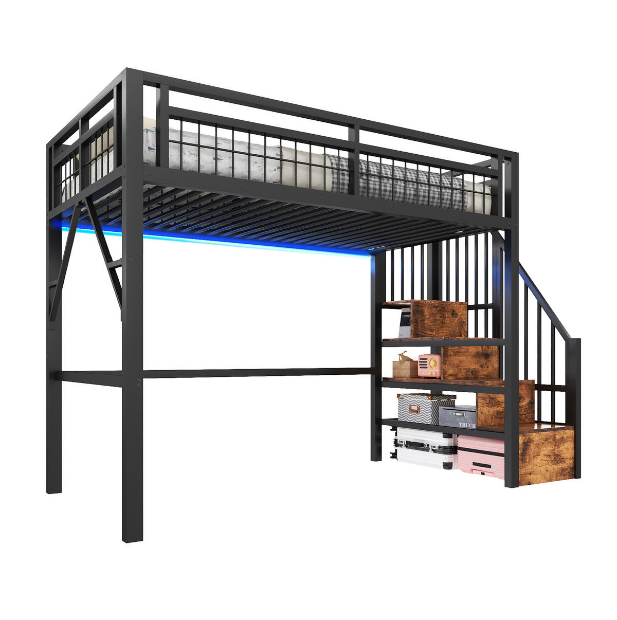 HOCHBETT 90/200 cm aus Metall in Schwarz – mit LED-Lichtleiste und Stauraumtreppe - Schwarz, Metall (90/200cm) - BEAOK