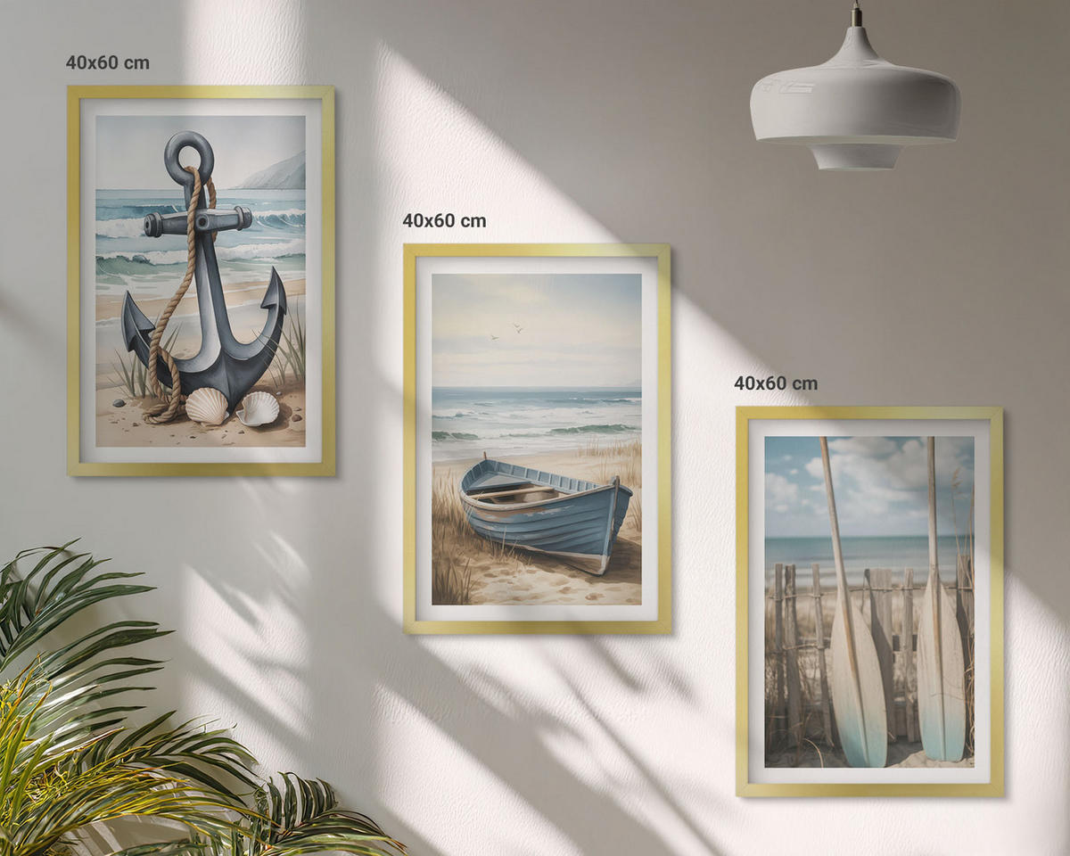 BILDER SET 3er Set - 40x60 cm Goldrahmen - Anker, Boot, Ruder, Strand - Goldfarben, Kunststoff (40/60cm) - TULUP