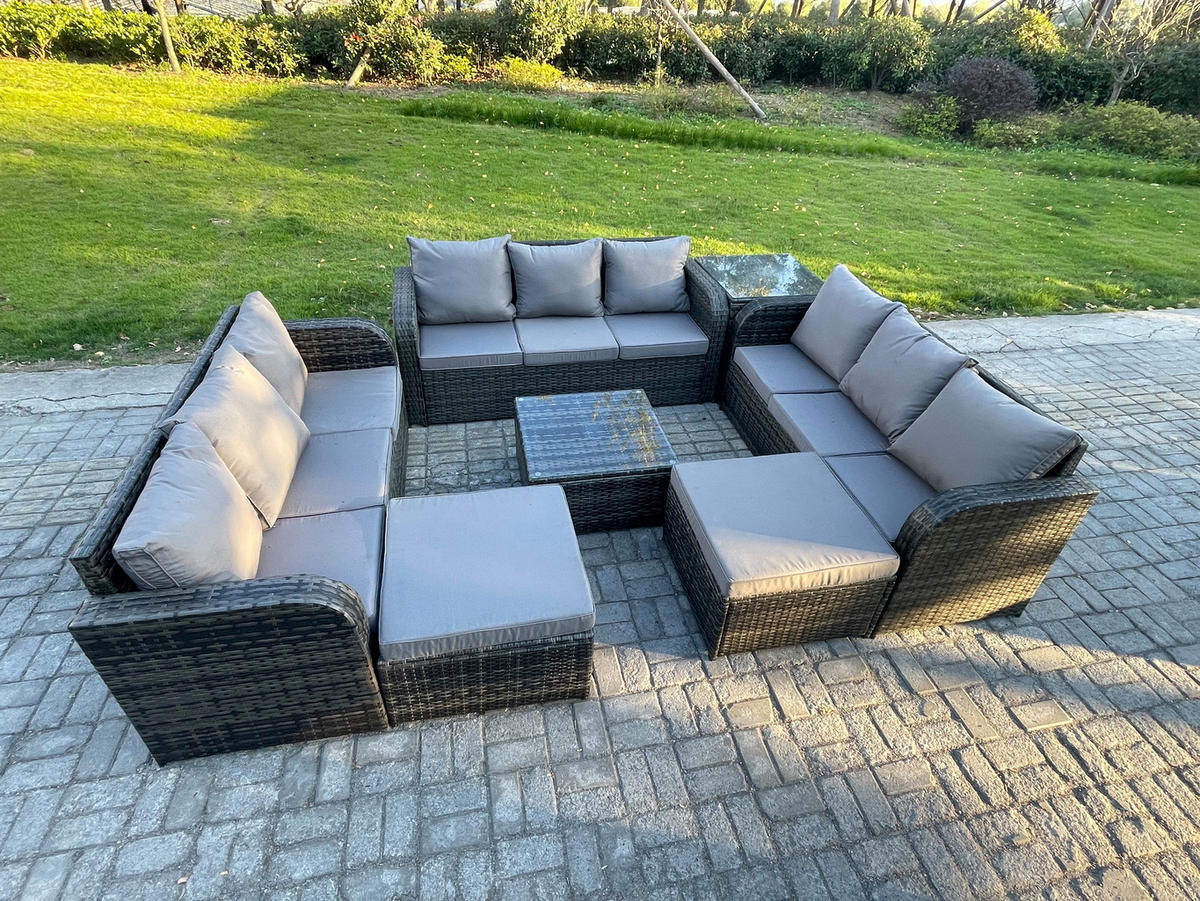 GARTENMÖBELGARNITUR mit KISSEN Polyrattan Dunkelgrau 11-Sitzer - Dunkelgrau/Grau, Glas/Kunststoff - Fimous