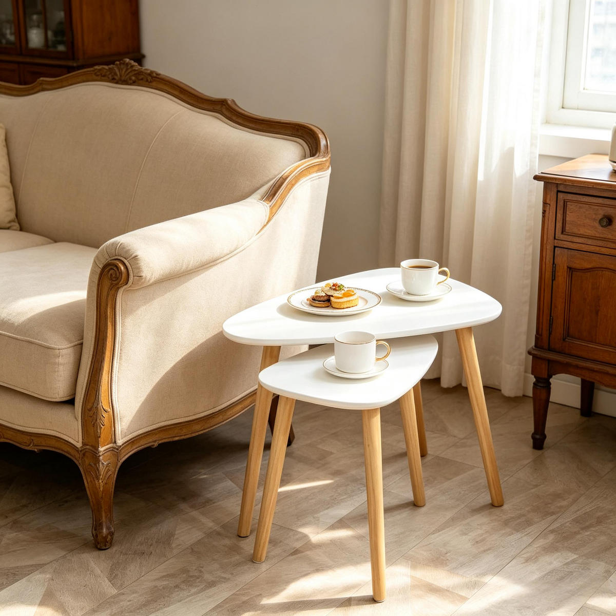 COUCHTISCH-SET DE-37257 2-tlg. skandinavisch mit Kiefernholzbeinen Weiß/Natur - Weiß, Holzwerkstoff (39.5/59.5/45cm) - ComfortXL