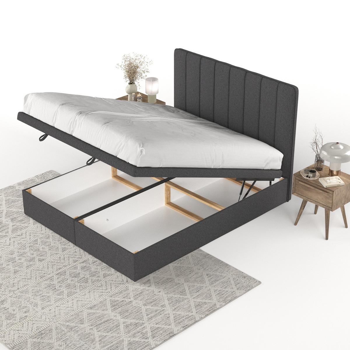 POLSTERBETT Vienna mit Stauraum 140/200 cm Anthrazit im Megan Stoff - Anthrazit/Schwarz, Holz/Holzwerkstoff (140/200cm) - AltaBeds