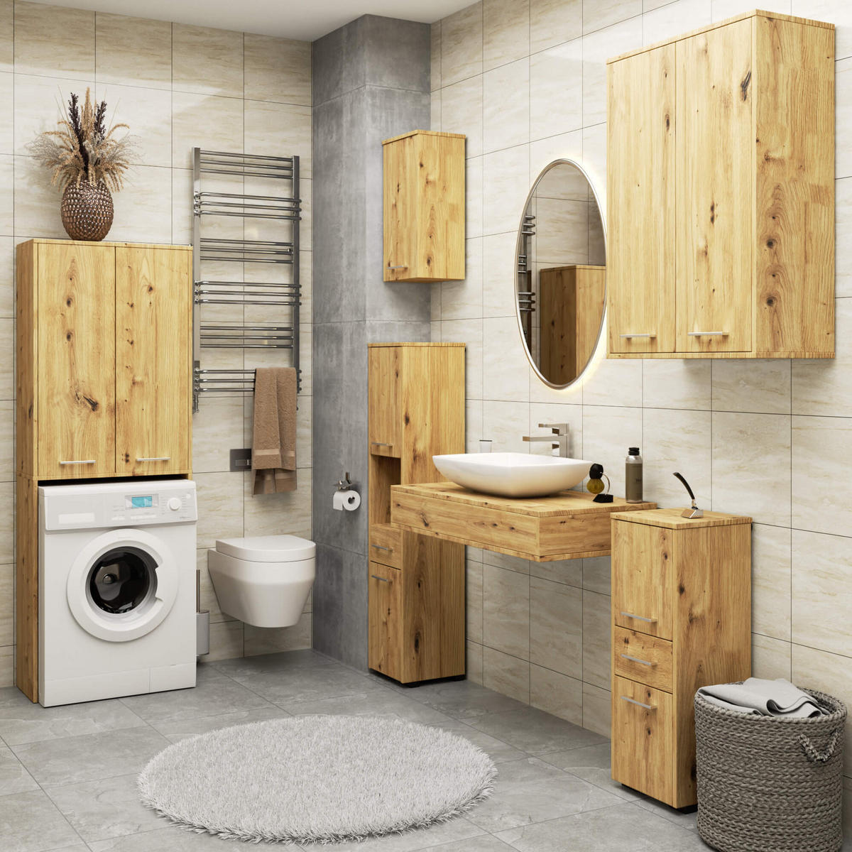 WASCHMASCHINENSCHRANK FIN Eiche Artisan 30x64x180 cm - Silberfarben/Eiche Artisan, Holzwerkstoff/Kunststoff (64/180/30cm) - Akord