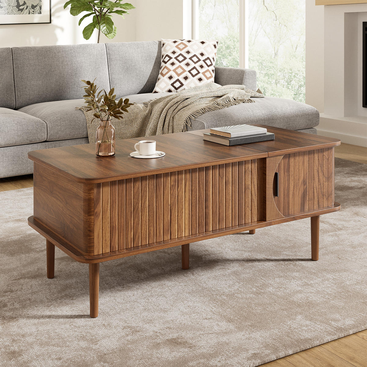 COUCHTISCH Retro Walnuss höhenverstellbar Rillen modern - Walnussfarben, Holzwerkstoff (100/48/55.5cm) - FLIEKS