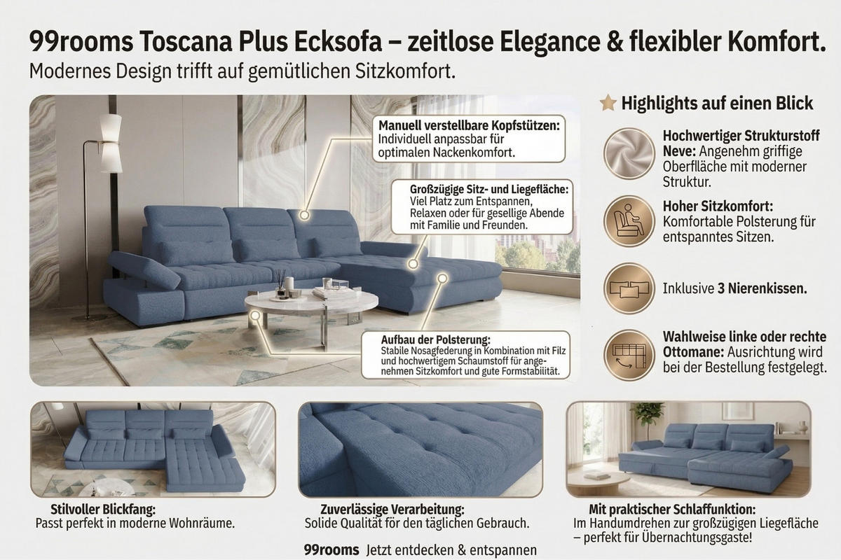 ECKSOFA Toscana Plus Strukturstoff inkl. Schlaffunktion - Anthrazit, Textil (300/179cm) - 99rooms