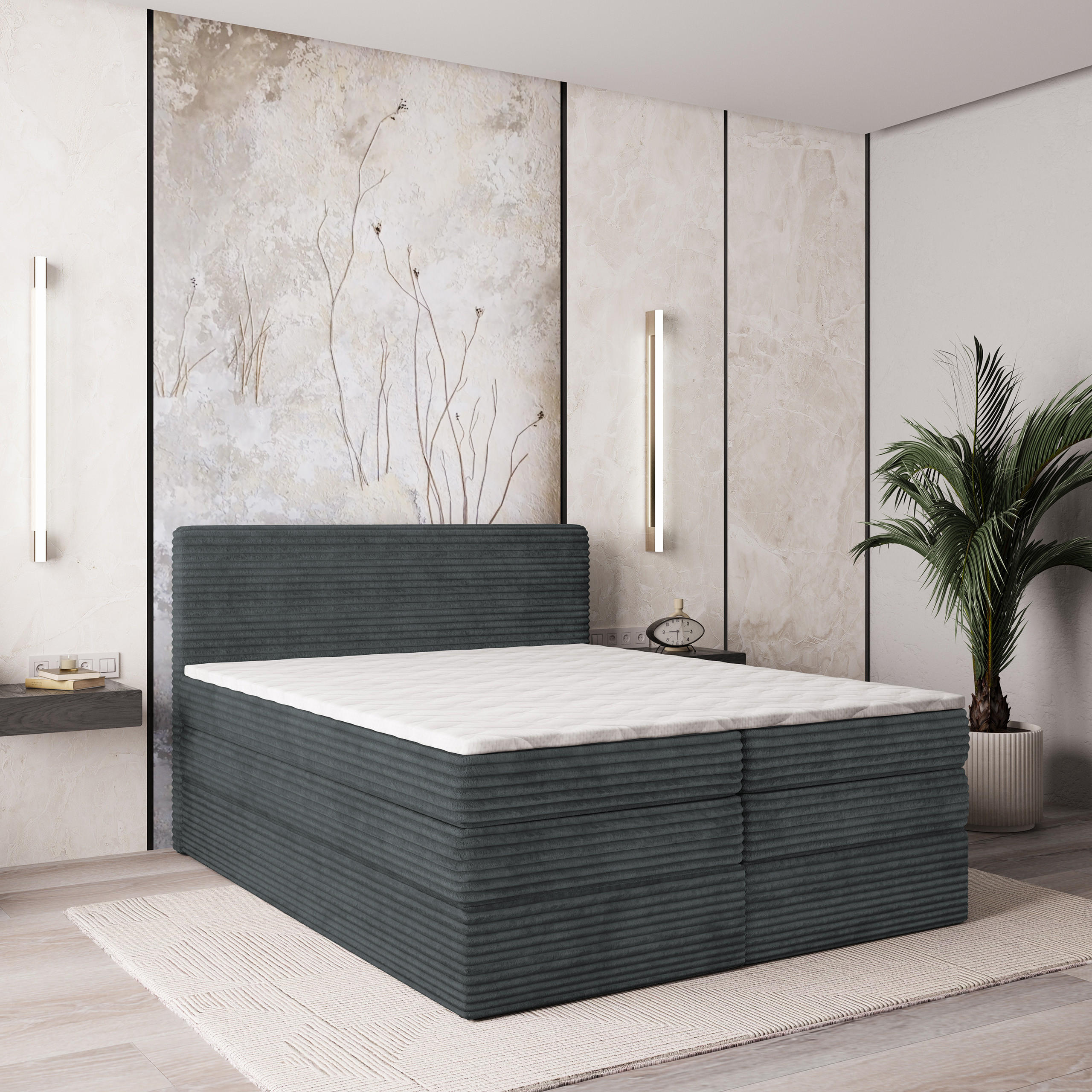 BOXSPRINGBETT LUNERA 160x200 cm mit Matratze und Topper - Grau - Grau, Holz (160/200cm) - MASSENO