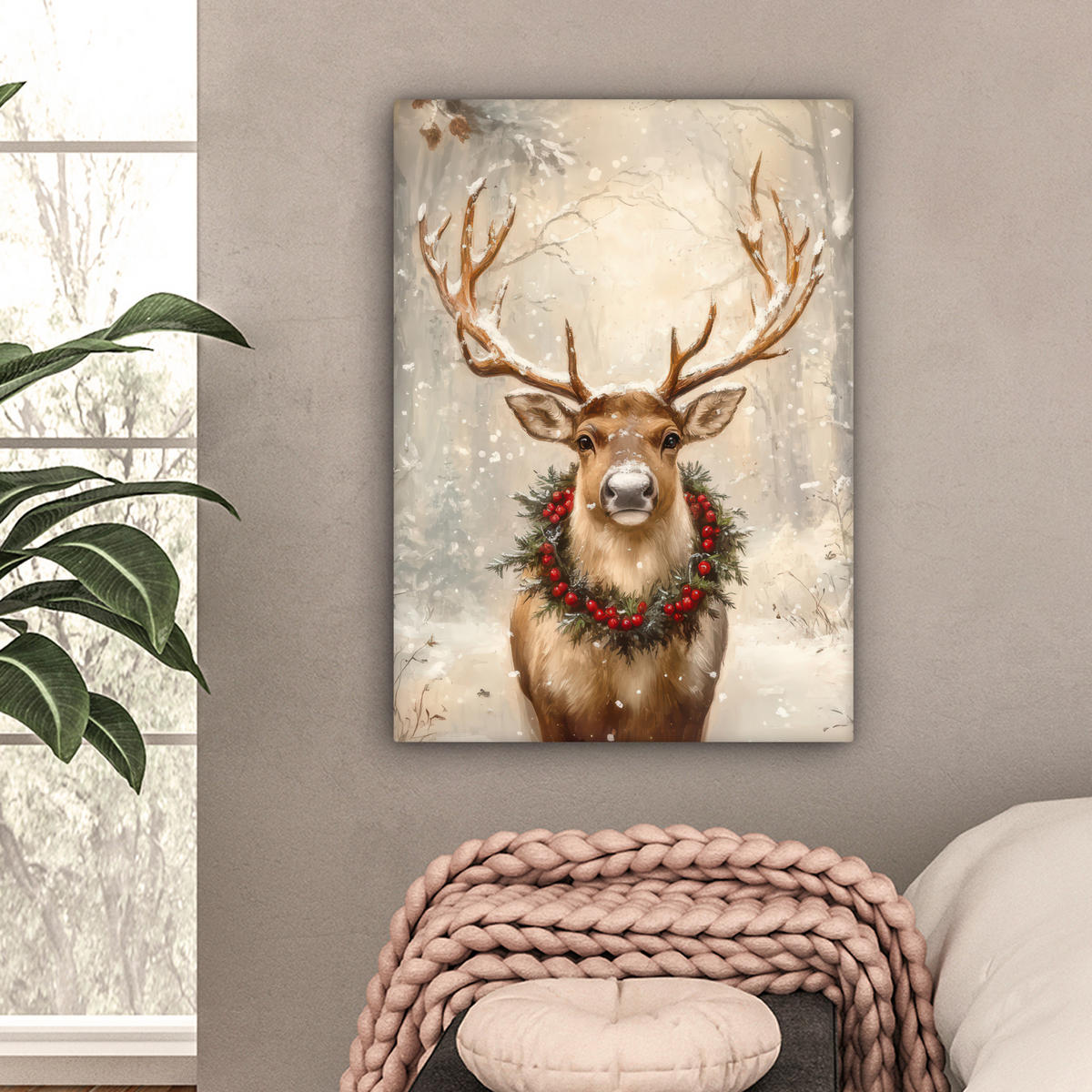 LEINWANDBILD Weihnachten - Rentier - Winter - Kranz 60x80 cm - Naturfarben, Textil (60/80cm) - MuchoWow