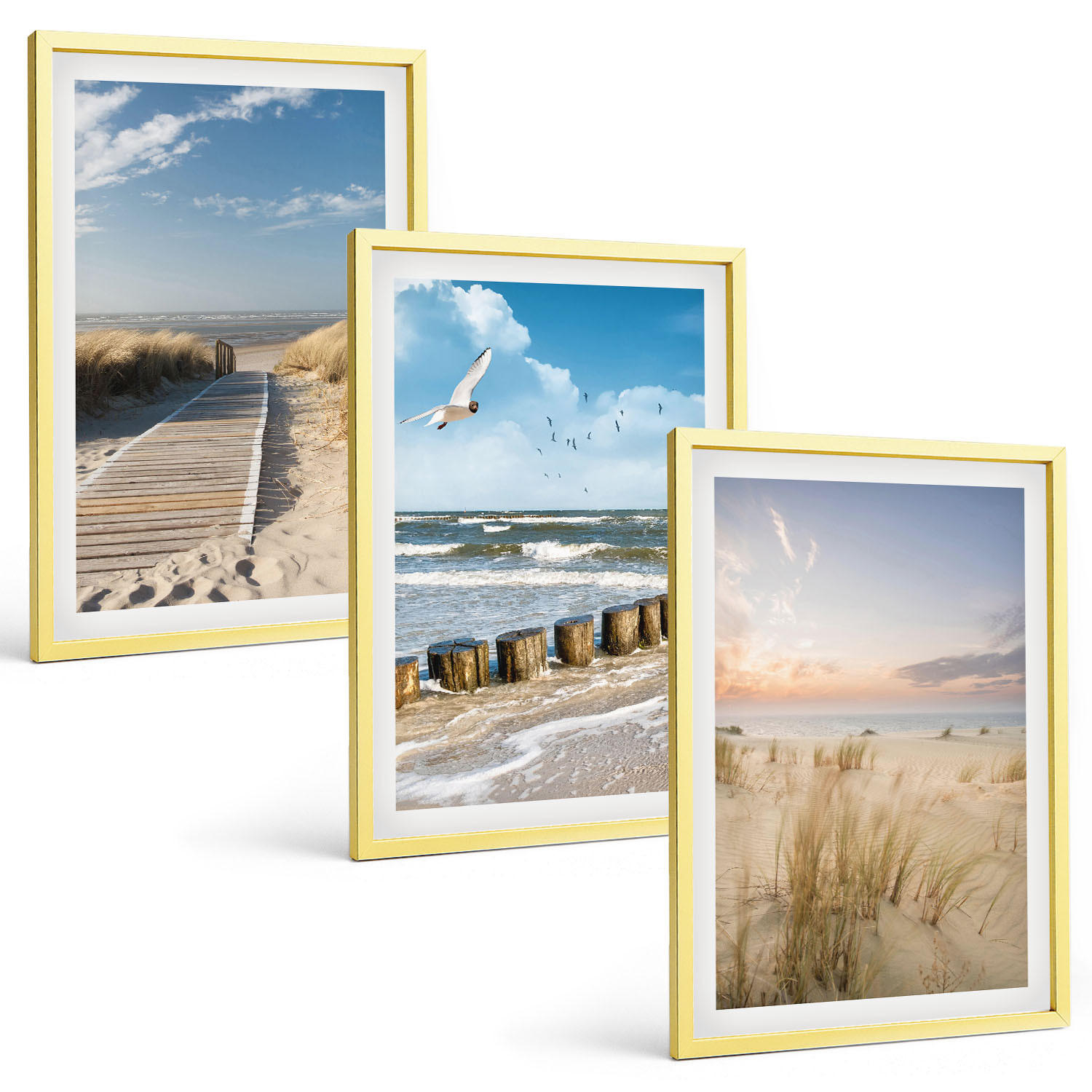 BILDER SET 3er Set - 40x60 cm Goldrahmen - Strand, Sand, Wellen, Himmel, Vögel - Goldfarben, Kunststoff (40/60cm) - TULUP