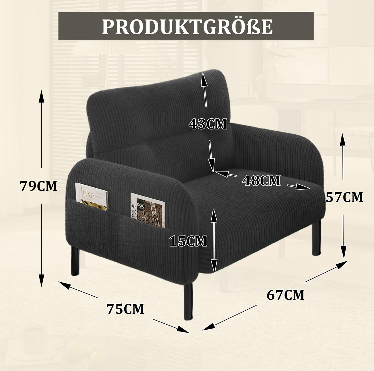 SESSEL 67/75/79 cm in Grau aus Cord mit Seitentasche und Metallgestell - Grau, Textil (67/79/75cm) - BEAOK