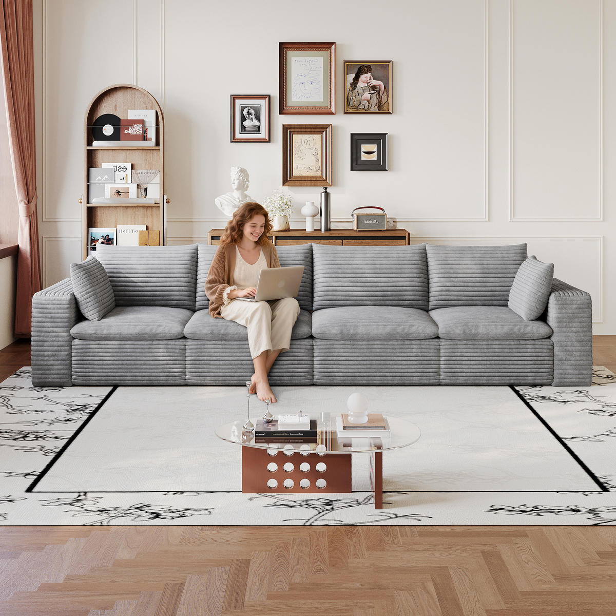 4-SITZER-SOFA aus Stoff 340 cm Grau mit abnehmbarer Polsterung und flexiblem Doppelschicht-Design - Grau, Textil (340/60/90cm) - Modfu