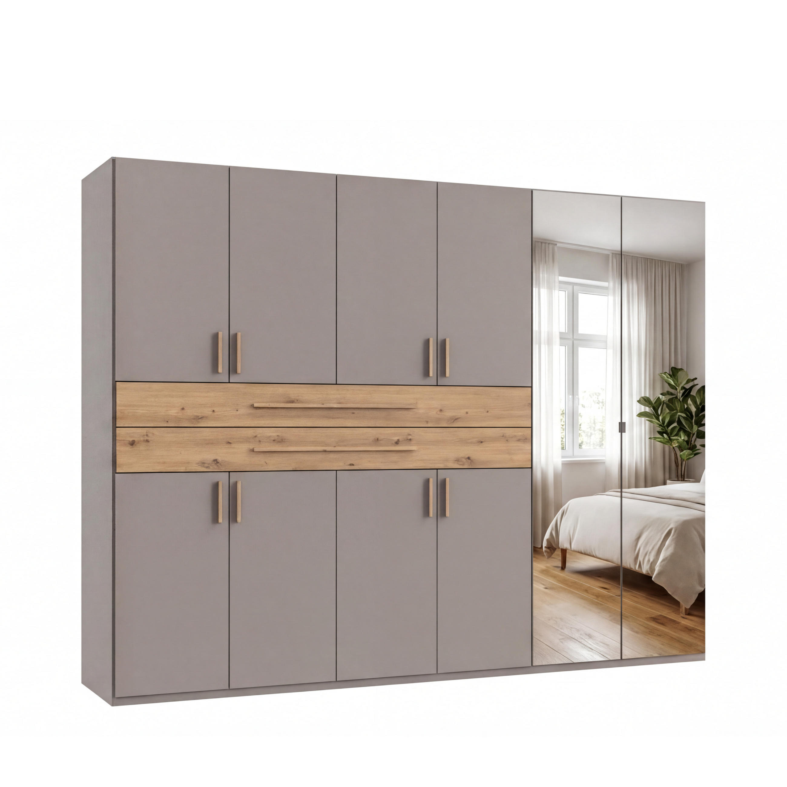 luma-home SKŘÍŇ S OTOČNÝMI DVEŘMI B270/H208/T58 cm, pískově šedá, šatní skříň se 2 zrcadlovými dveřmi, 2 zásuvkami a úchytkami v dekoru dub Artisan / 