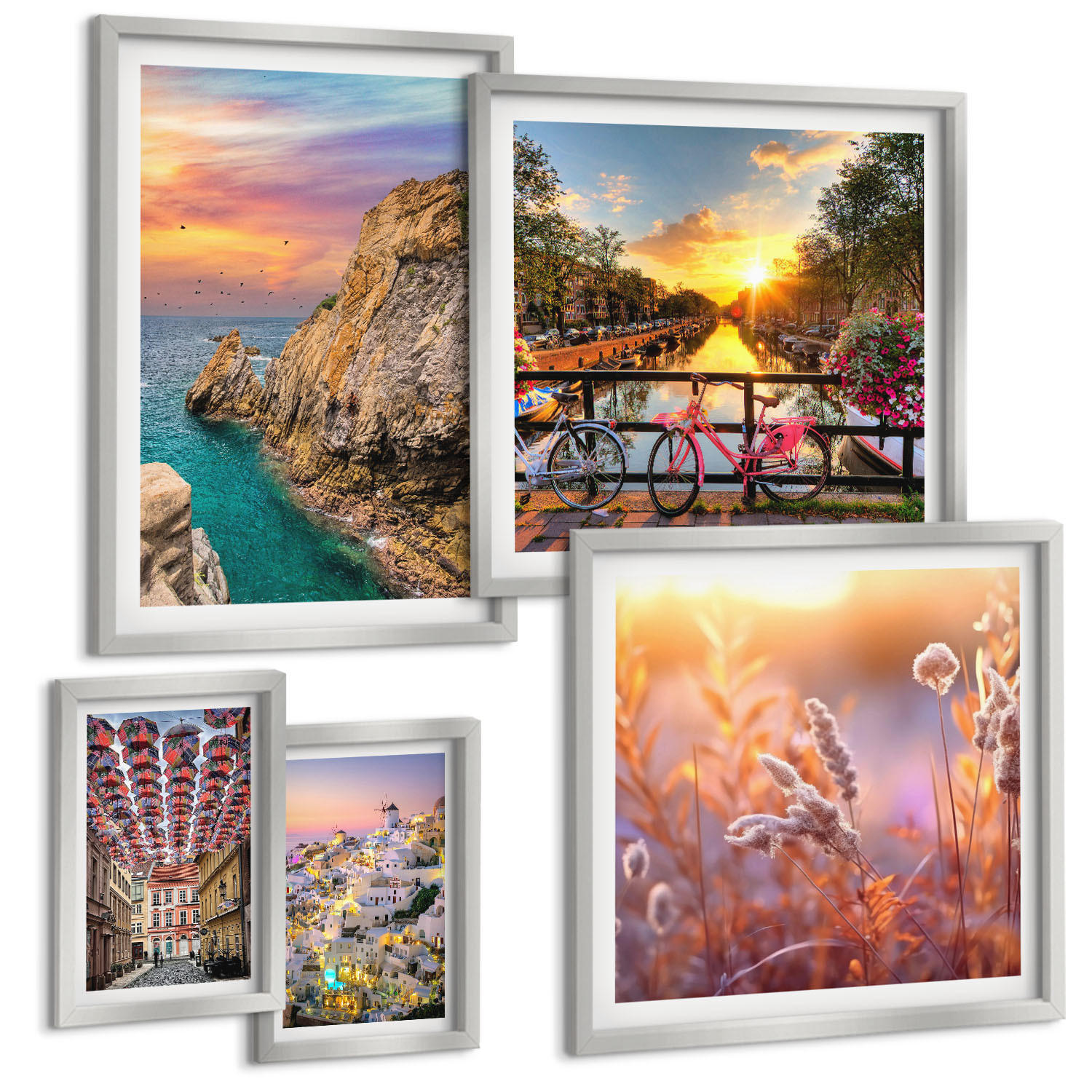 BILDER SET 5er Set - 50x50 cm & 20x30 cm & 40x60 cm Silberner Rahmen - Sonnenuntergänge am Meer - Silberfarben, Kunststoff (40/60cm) - TULUP