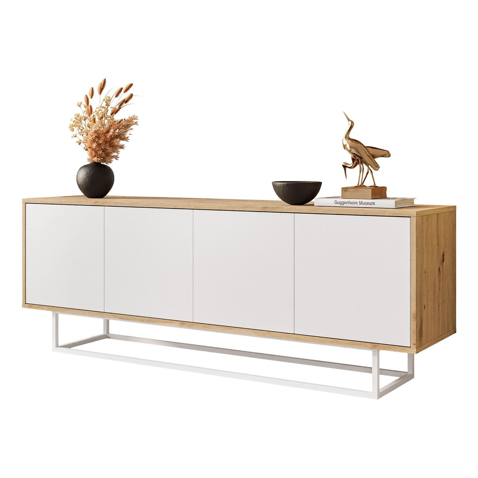 TV-ELEMENT SANAYI II Eiche Artisan/Weiß auf Metallgestell - Weiß, Holzwerkstoff (156/56/38cm) - Lookway