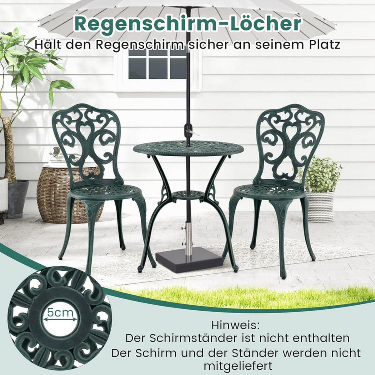 BISTROSET 3-teilig – Gartentisch mit 2 Stühlen, wetterfest - Grün, Metall - Auledio