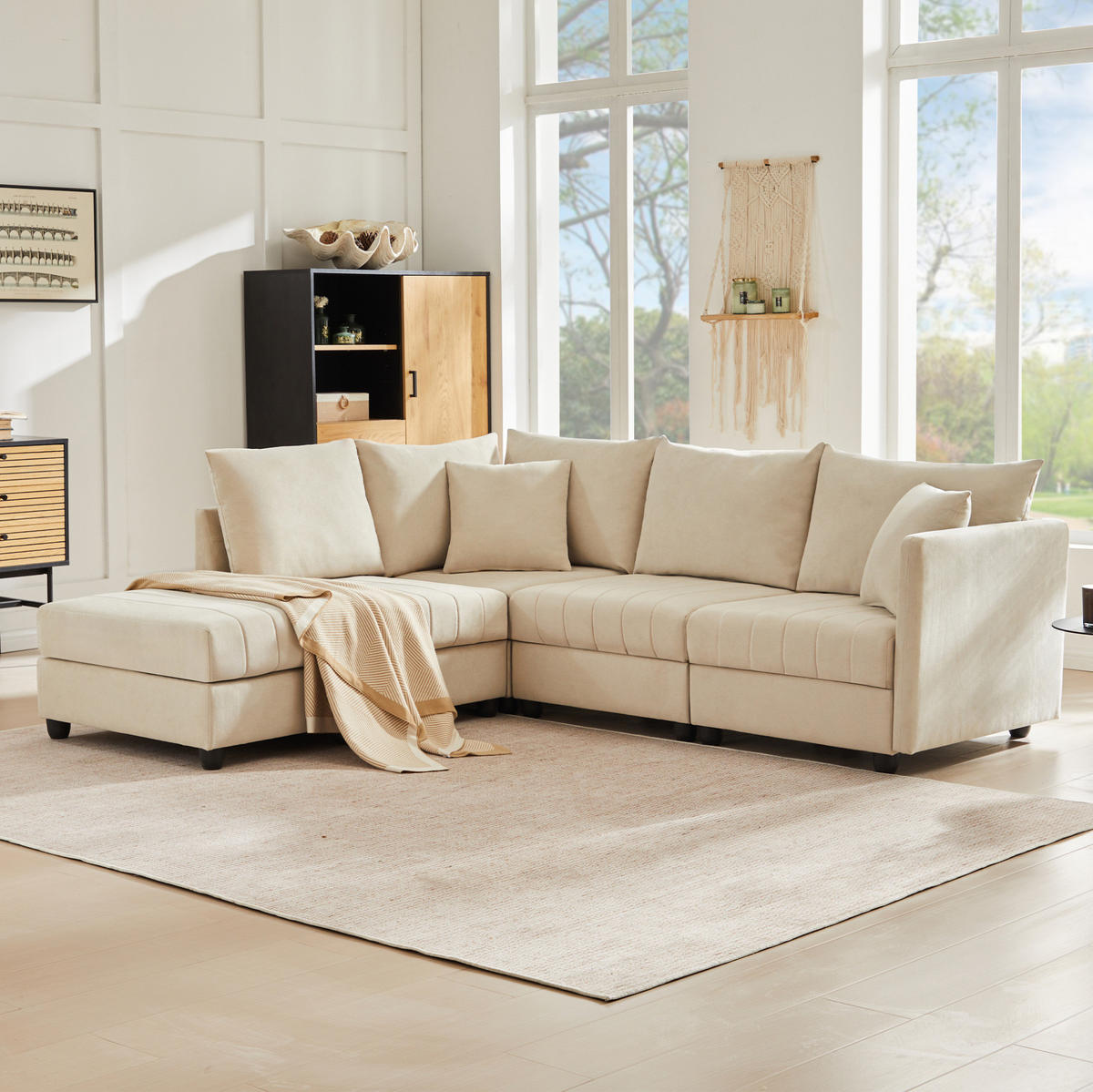 ECKSOFA 220/194/85 cm mit beweglichem Fußhocker, modularer U- und L-Form, aus Baumwoll-Leinenstoff, Beige - Beige, Textil (220/194cm) - Redom