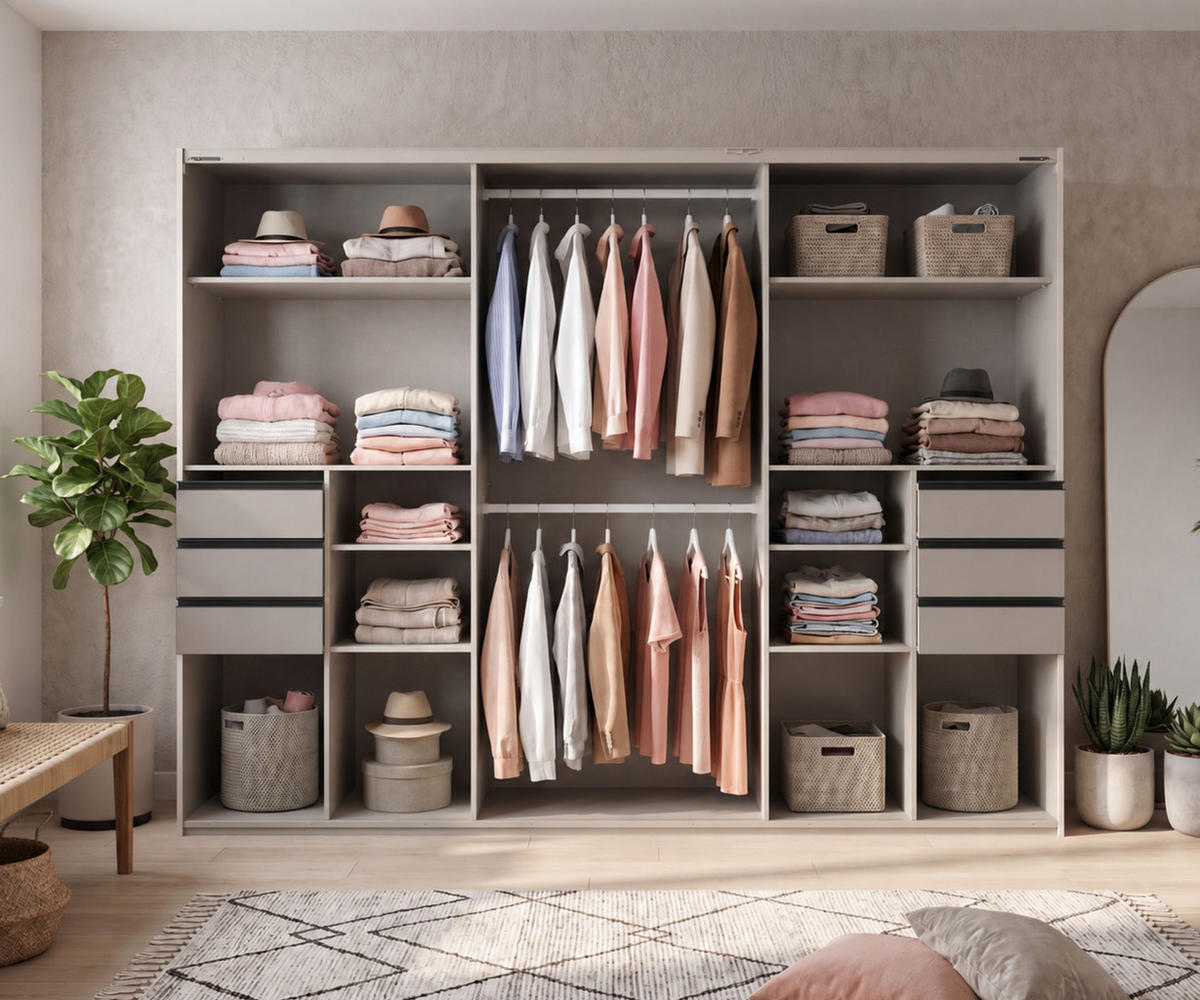 SCHWEBETÜRENSCHRANK 3-türig B270/H208/64 cm, Sandgrau, Mitteltür Glas, Kleiderschrank mit Schubladen & Vollausstattung, / 22614 - Sandfarben/Graubraun, Holzwerkstoff/Metall (270/208/64cm) - luma-home