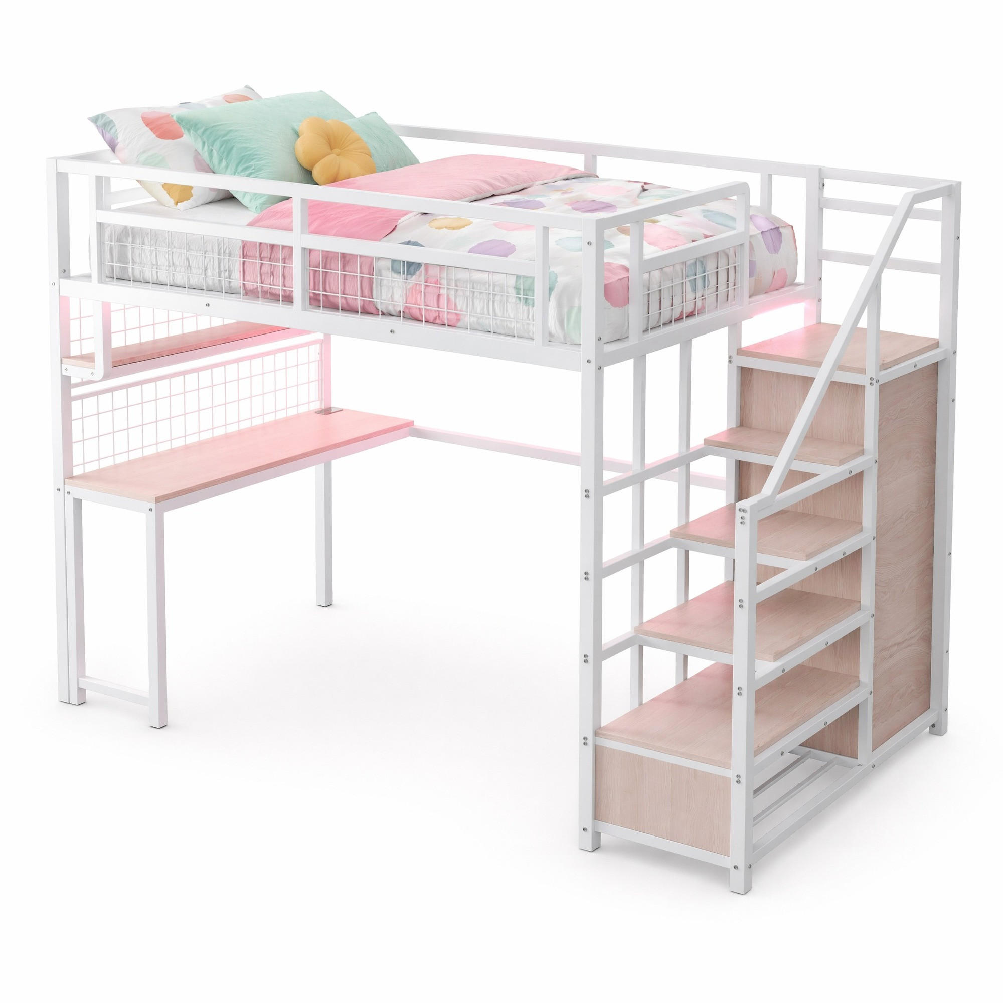 HOCHBETT 140/200 cm in Weiß mit Stauraumtreppe, Tisch, Regal und LED - Weiß, Holzwerkstoff/Metall (140/200cm) - CHICFURN