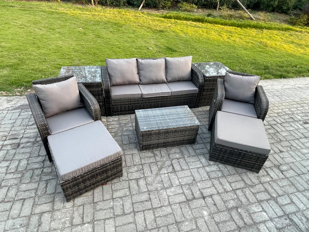 GARTENMÖBELSET mit Couchtisch Polyrattan 7-Sitzer - Dunkelgrau/Grau, Glas/Kunststoff - Fimous
