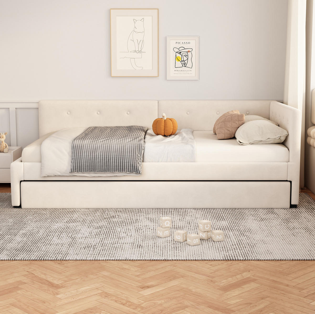 DENNÁ posteľ 90/200 cm béžová s výsuvným lôžkom zo zamatu a MDF - béžová, textil (90/200cm) - OKWISH
