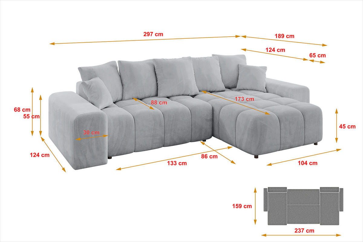 ECKSOFA Ottomane rechts ENIL-L 297x189x68 Hellgrau Velours - Titanfarben, Holzwerkstoff/Kunststoff (189/297cm) - ALTDECOR