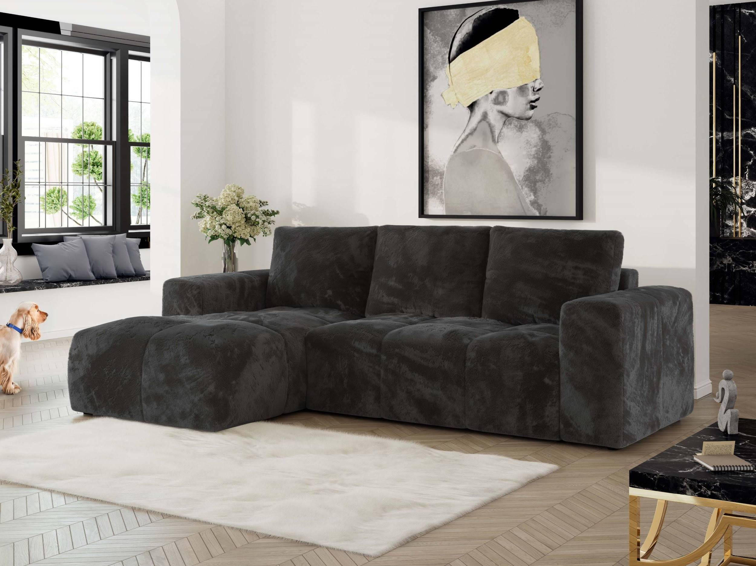 ECKSOFA MONIVA Dunkelgrau Plüsch - Links - Dunkelgrau/Schwarz, Textil (164/266cm) - MKS