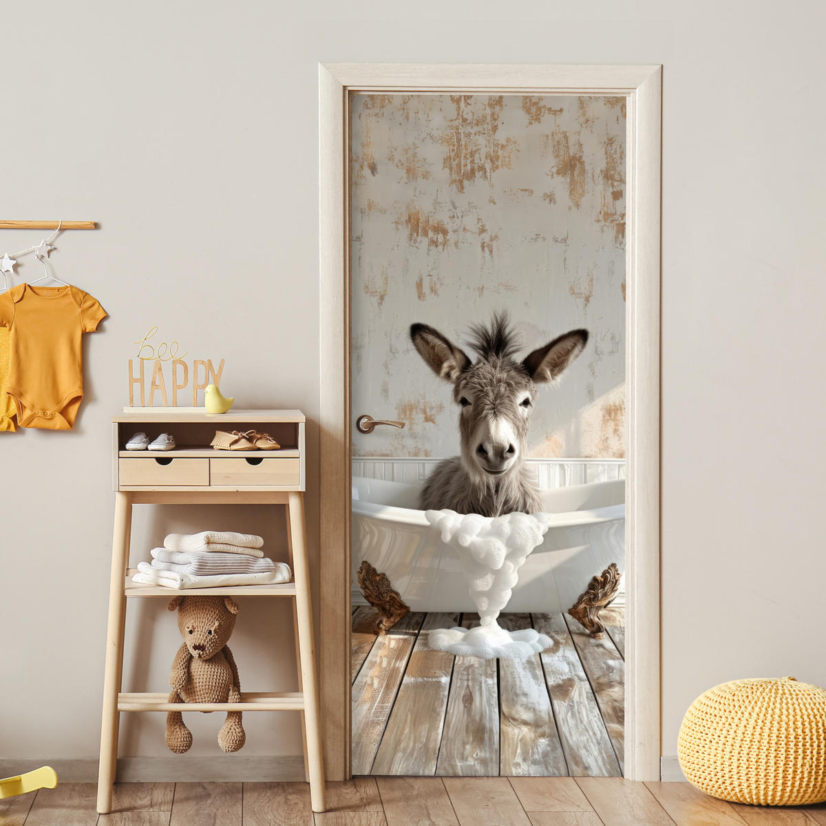 NALEPKA ZA VRATA Osel v kopalni kadi 90x205 cm - barve hrasta, umetna masa (90/0.1/205cm) - MuchoWow