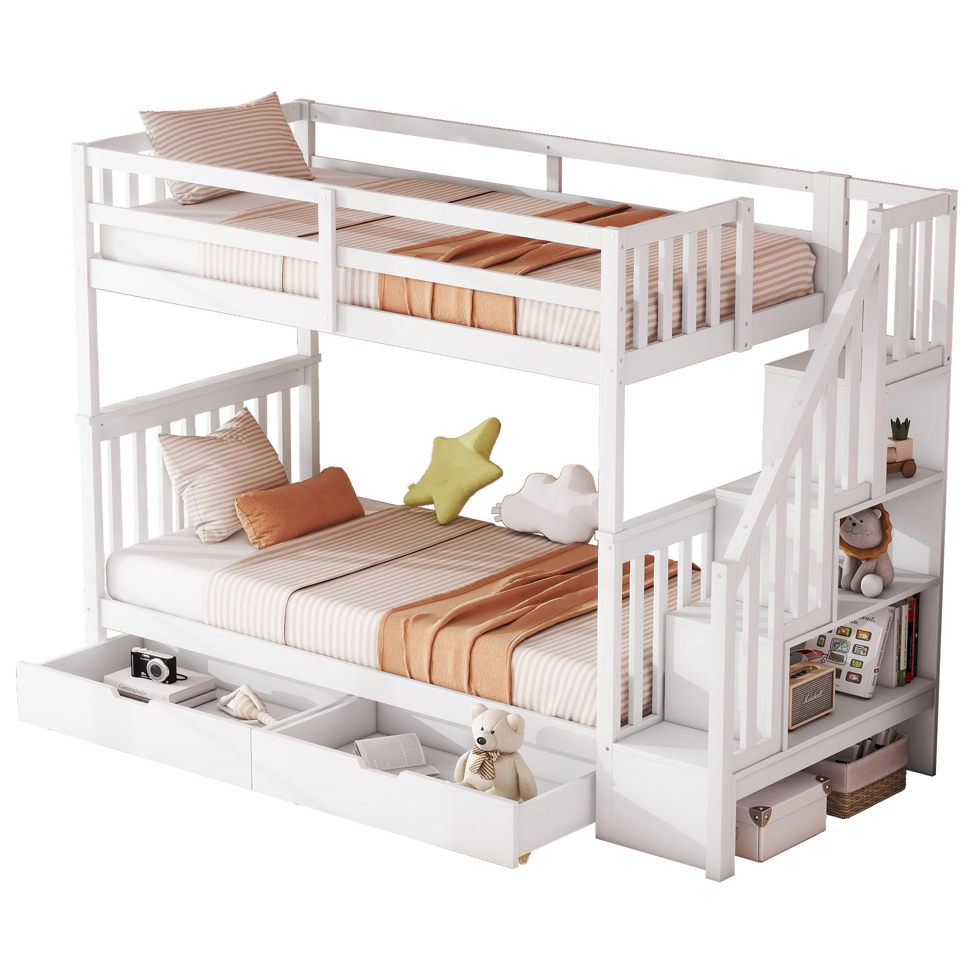 ETAGENBETTEN 90x200 cm, Kinderbett mit Treppenablage, 2 Schubladen & Schutzgittern, EN747-1, weiß - Weiß, Holz (90/200cm)