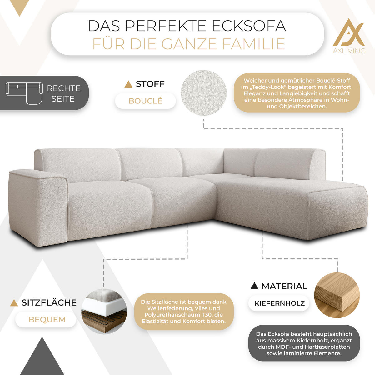 ECKSOFA L Form Didim Weiß 292/220/78 cm – großes Sofa stilvoll & bequem R - Schwarz/Weiß, Kunststoff/Textil (292/220cm) - AX Living