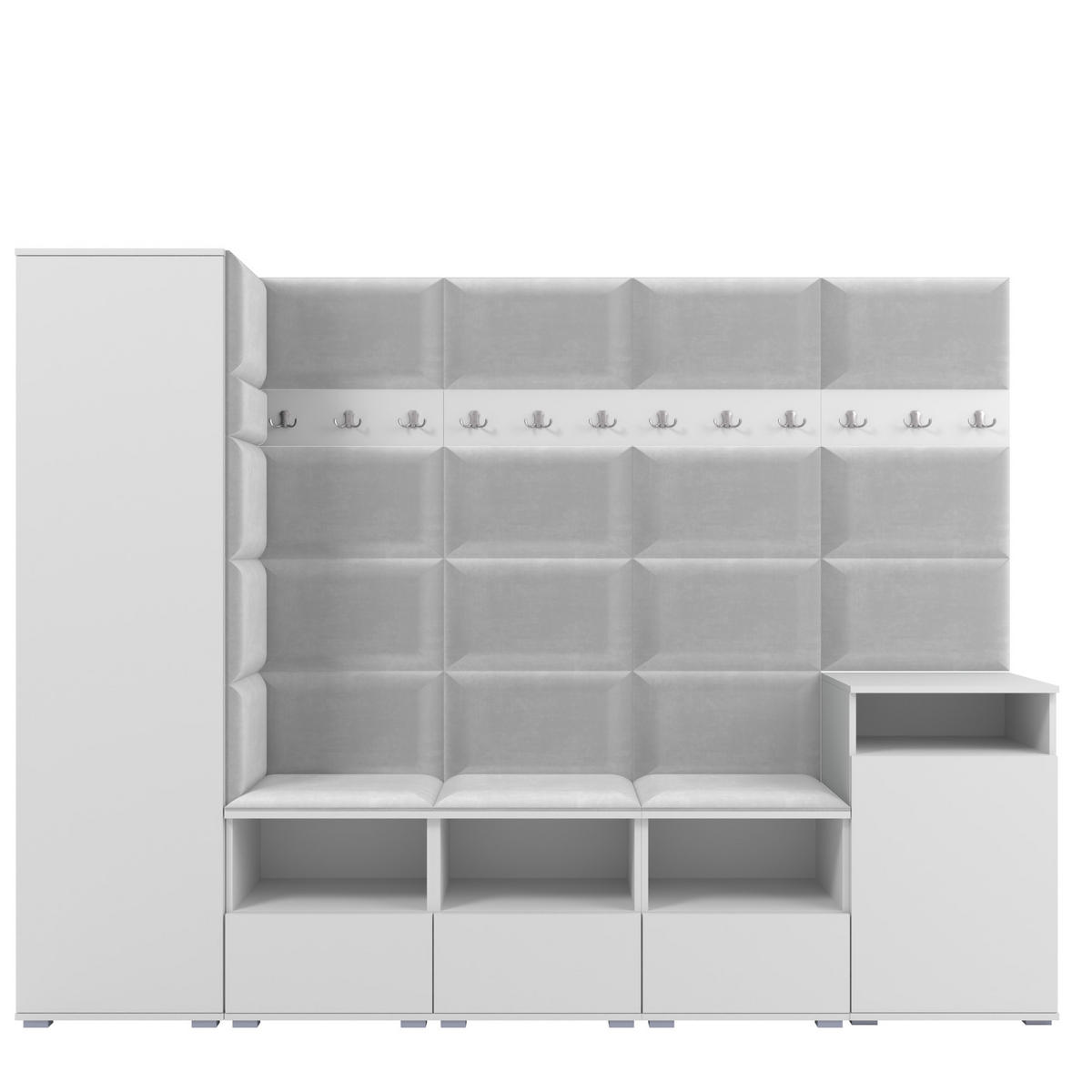 GARDEROBE NELA XI 250 cm (Modulare Flurmöbel Weiß mit Sitzpolster Hellgrau 32 Großes Set) - Silberfarben/Hellgrau, Holz/Holzwerkstoff (250/187/40cm) - Ravio
