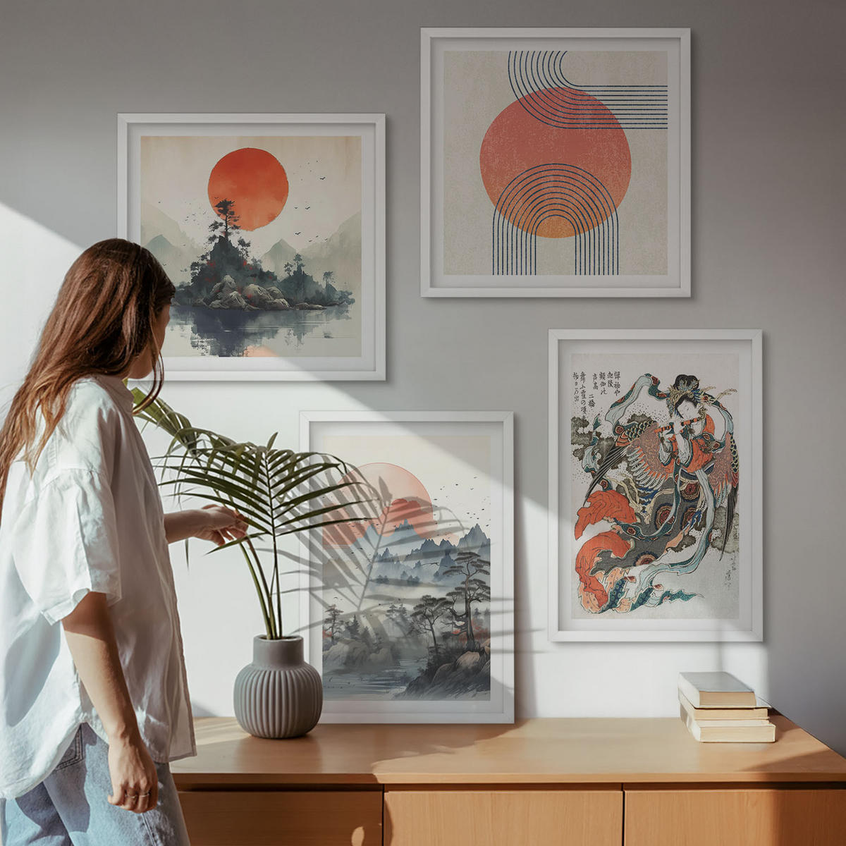 WANDBILDER 4er-Set - 50x50 cm & 40x60 cm Weißer Rahmen - Asiatische Landschaften Japandi - Weiß, Kunststoff (50/50cm) - ArtPrintCave